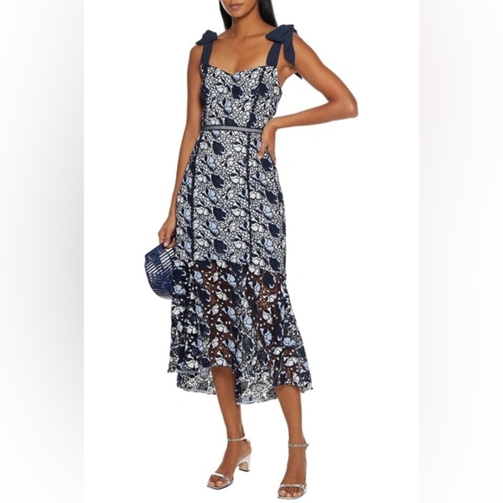 ML MONIQUE LHUILLIER Tie-Shoulder Blue Embroidered Lace High Low Dress NWT Sz 10